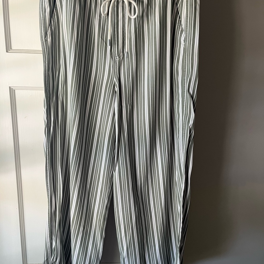 LOFT Olive and White Striped Wide Leg Pants